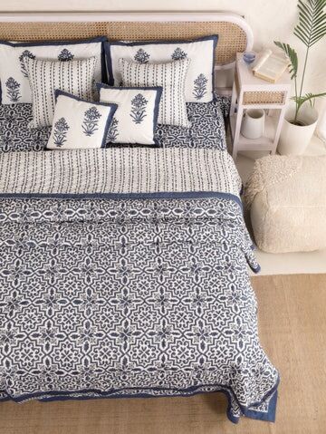 Handblock Printed Quilt, Bedsheet & Pillow Covers Set - Messina Indigo
