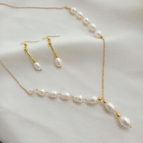 Golden Cascade – Handmade Pearl Y-Necklace & Earring Set