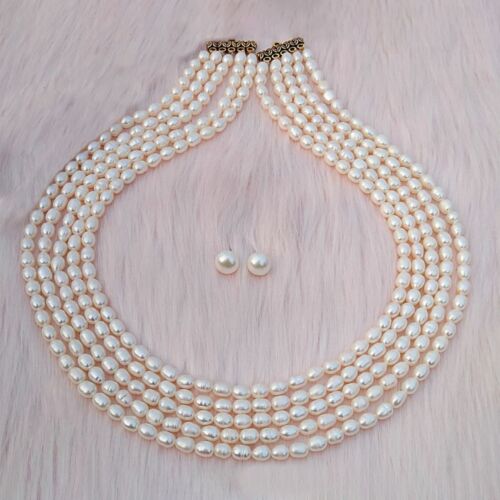 Timeless Elegance Classic 5-Row White Freshwater Pearl Necklace Set