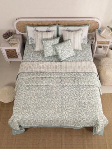 Handblock Printed Quilt, Bedsheet Set - Messina Basil-R
