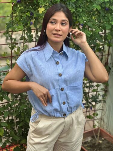 Ladies Drop Shoulder Sleeveless Crop Shirt - 001 - Sky Blue