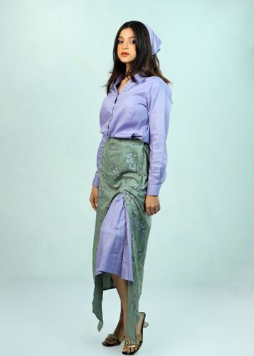 NABA Lavender Shirt & Stunning Green Printed Skirt 