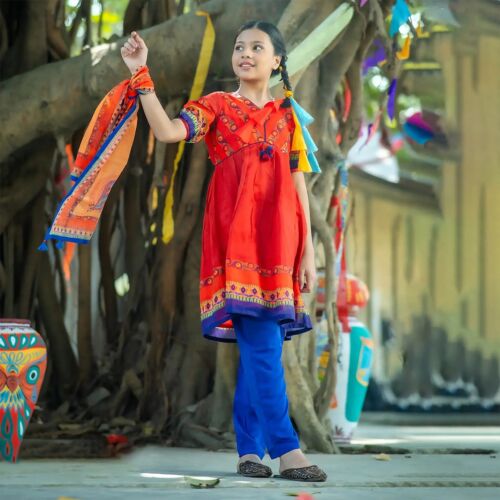 Rang Bang: Vibrant Fiesta Girl's Cotton Stitched Dress-2-3