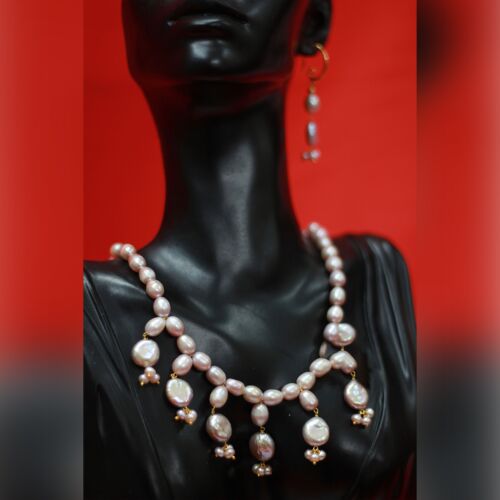 Coin Pearl & Rice Pearl Purple Necklace Set with Matching Earrings