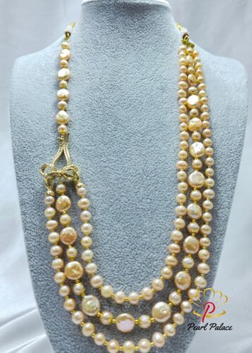Aura pink round and coin Golden Pearl Necklace