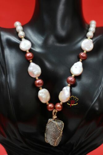 Coral Mystique - Rice & Coin Pearl with Coral Seed Stone Pendant Set