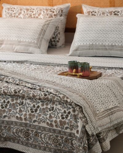 Handblock Printed Quilt, Bedsheet & Pillow Covers Set - Arielle