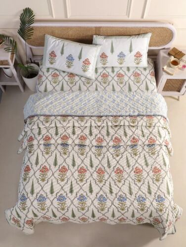 Handblock Printed Quilt, Bedsheet & Pillow Covers Set - Olivia