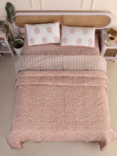 Handblock Printed Quilt, Bedsheet & Pillow Covers Set - Messina Pink