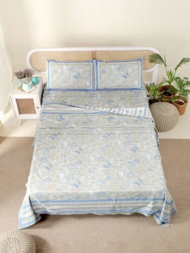 Floralis Grey - Mulmul Summer Katha, Bedsheet And Pillowcase Set