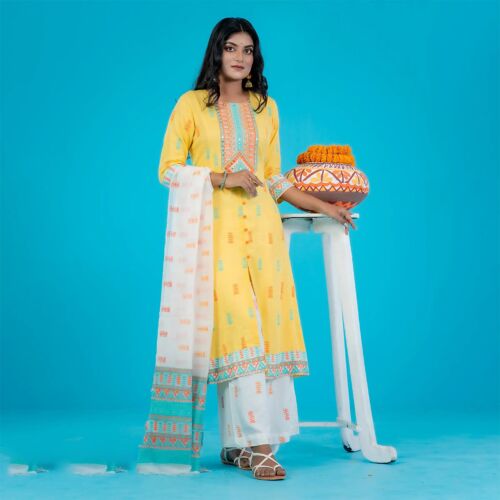 Golden Glow Cotton Stitched Dress-Yellow