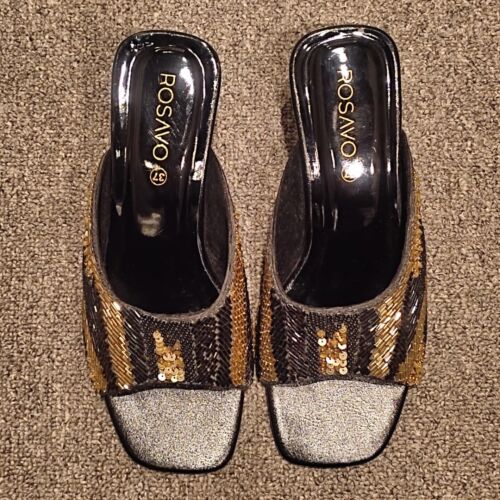  Rosivo Gold & Black Sequin-Embellished Slide Sandals 
