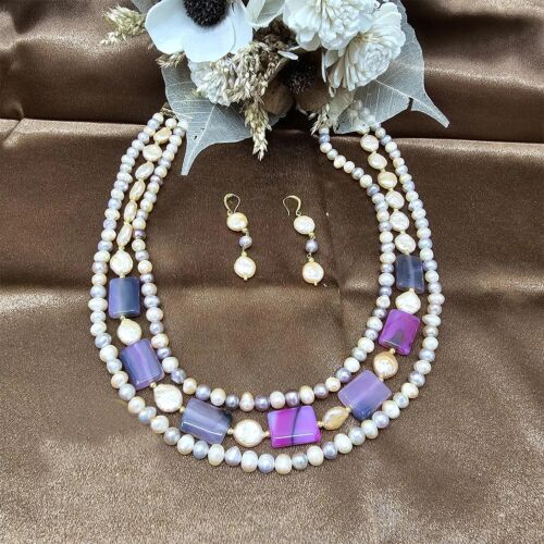 Royal Amour Multi-Color Freshwater Pearl & Ruby Stone 3-Layer Necklace Set