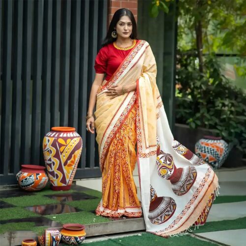 Vibrant Heritage - Traditional Hand-Painted Pottery Motif Saree