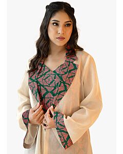 NICOLE Coral Pink Line Printed Blouse and Pant With Soft Organza Over Coat Set (3 Piece)