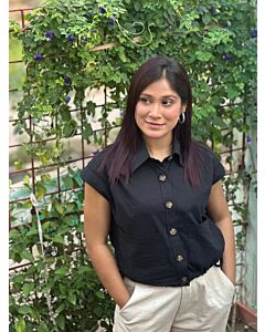 Ladies Drop Shoulder Sleeveless Crop Shirt - 002 - Black