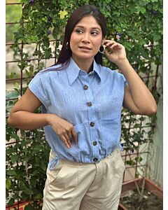 Ladies Drop Shoulder Sleeveless Crop Shirt - 001 - Sky Blue