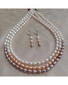 Trio Radiance Multi-Color Freshwater Rice Pearl 3-Layer Necklace Set