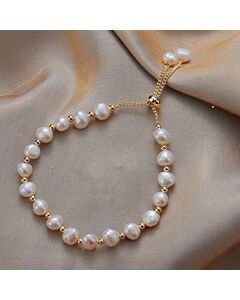 Eternal Glow" Natural Freshwater White Pearl Bracelet with Gold Accents