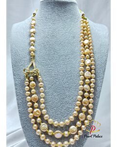 Aura pink round and coin Golden Pearl Necklace