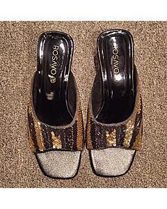  Rosivo Gold & Black Sequin-Embellished Slide Sandals 