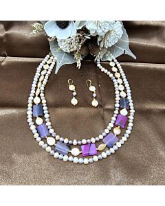 Royal Amour Multi-Color Freshwater Pearl & Ruby Stone 3-Layer Necklace Set