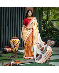 Vibrant Heritage - Traditional Hand-Painted Pottery Motif Saree