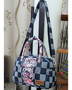 Violet Bag-Denim Blue & Floral Pink Print