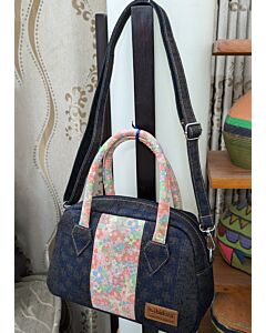 Violet Bag-Denim Navy Blue & Floral Pink Print