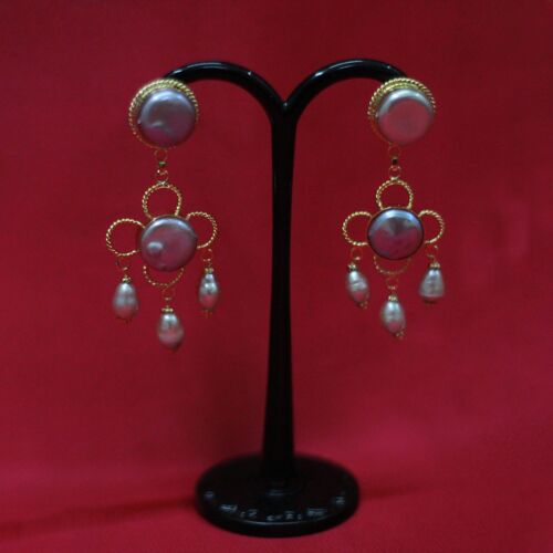 Lavender Blossom Mother Pearl &amp; Rice Pearl Earrings-Purple