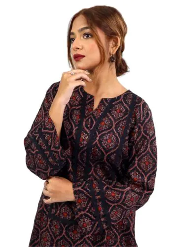 NOOR Black Printed Cotton Set Featuring Stunning Lace Detailing for a Perfect Fit