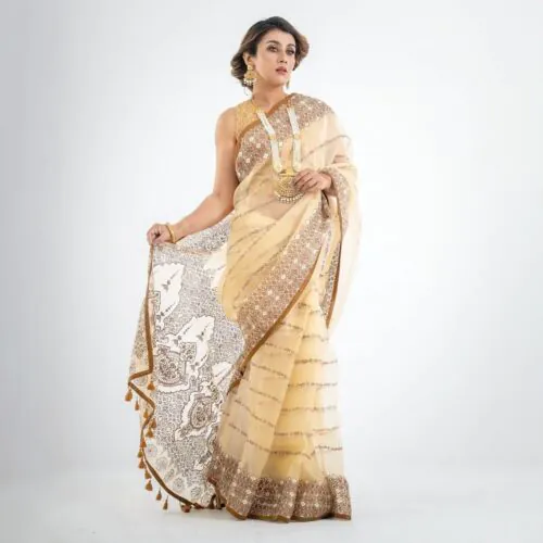Golden Grace Muslin Saree